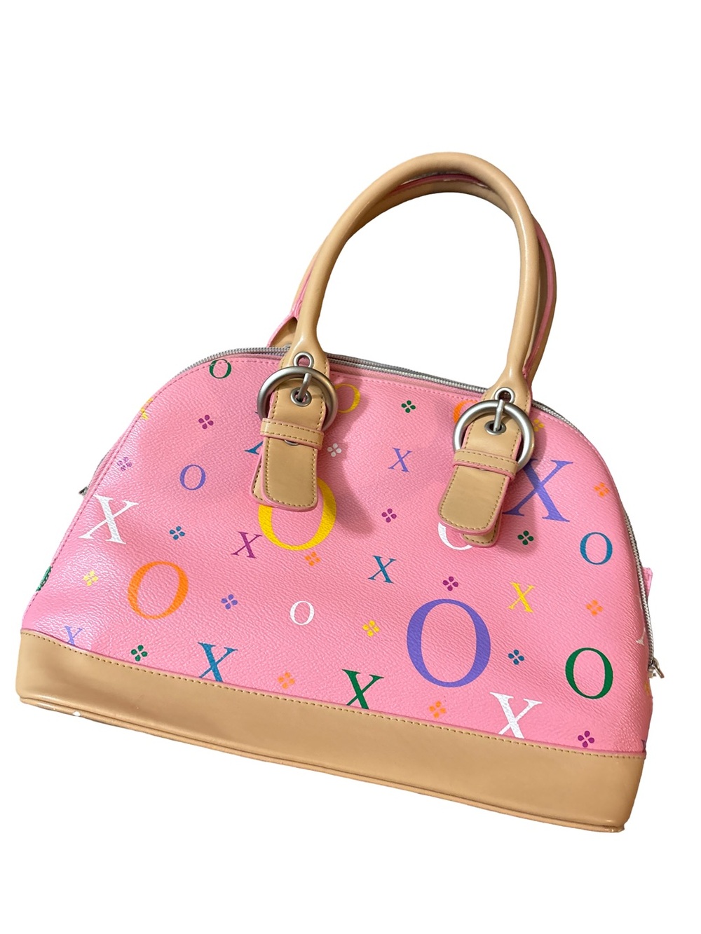 XOXO Pink Multicolor Logo Dome Satchel with Tan Trim